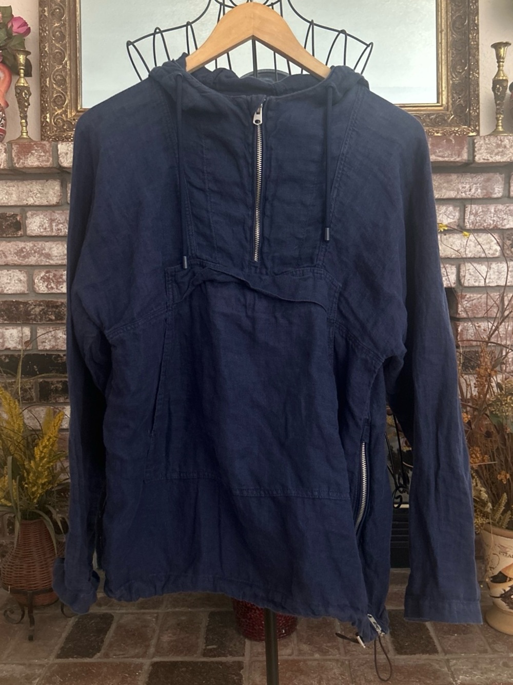 Zara Men’s Linen Navy Blue Smock Hooded Sweater Sz S
